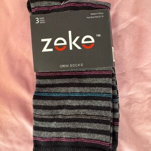 Zeke Men's Gray Striped Crew Socks with Pink & Blue Accents - size 6-12